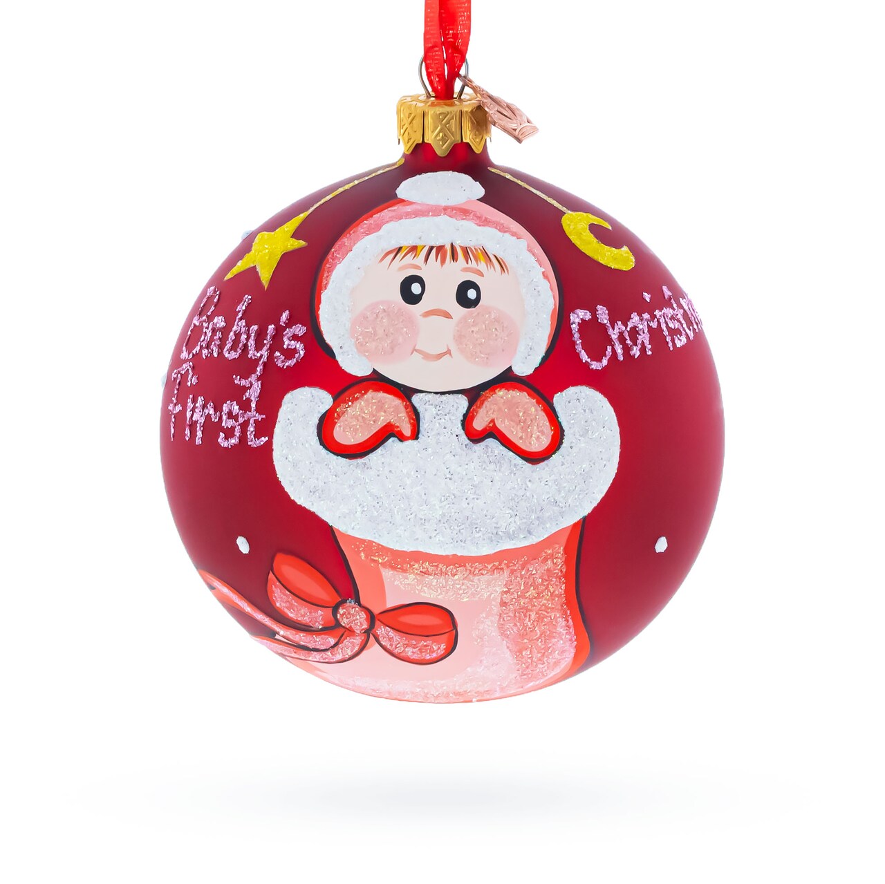 Girl in Festive Christmas Stocking Glass Ball Baby's First Christmas Ornament 4 Inches